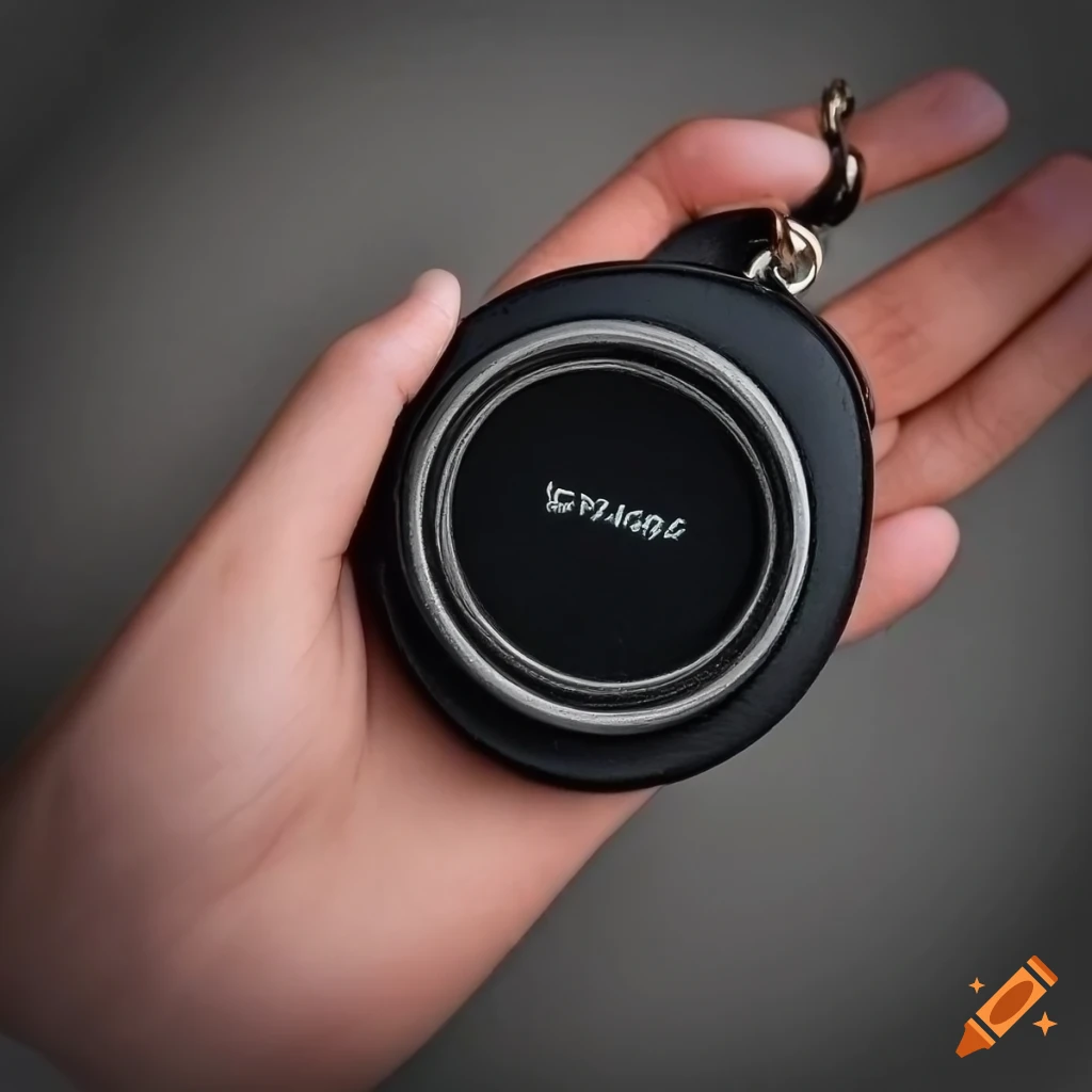 Black keychain gadget with round display, leather material
