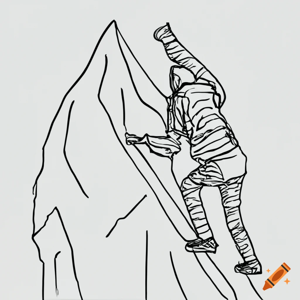 Person climbing a mountain with obstacles in line art style