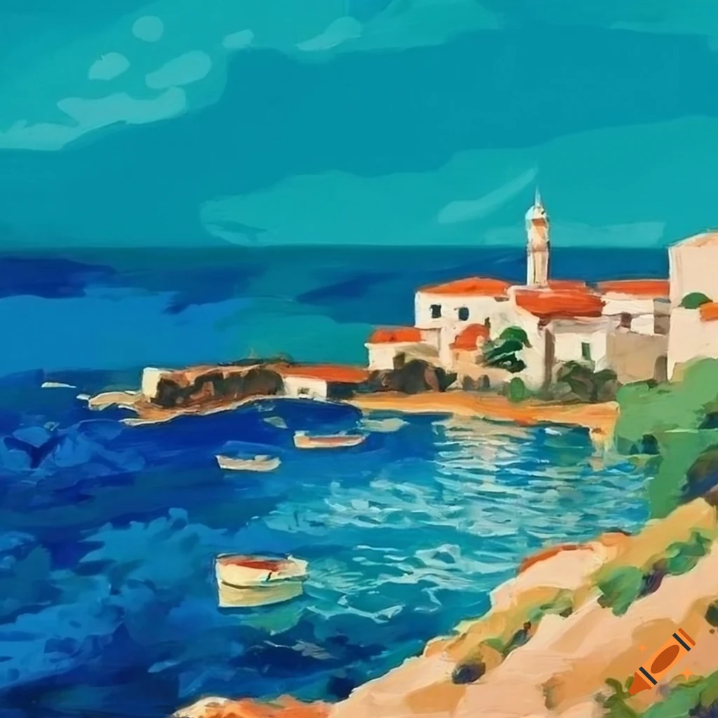 Mediterranean hillside with white washed buildings and crystal blue sea waters