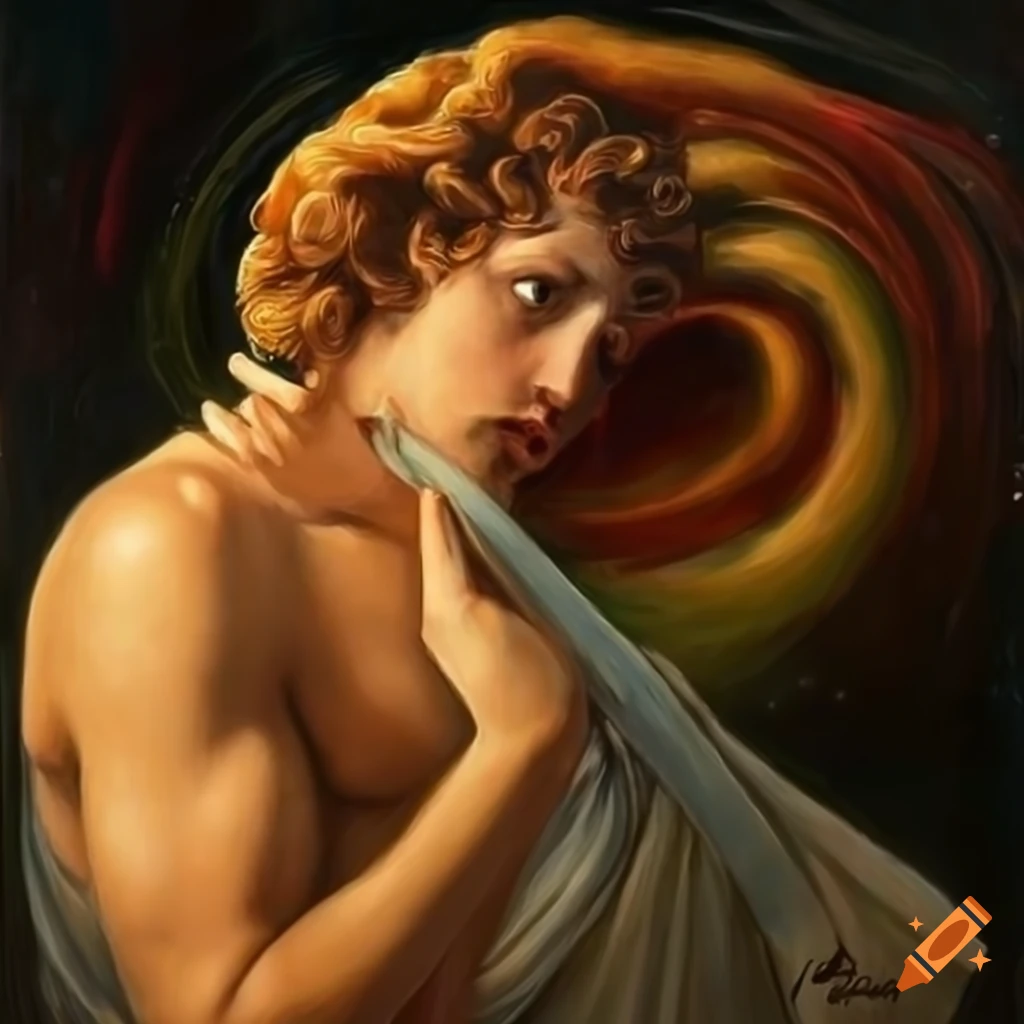 Greek God of illusion and beauty in an oil painting