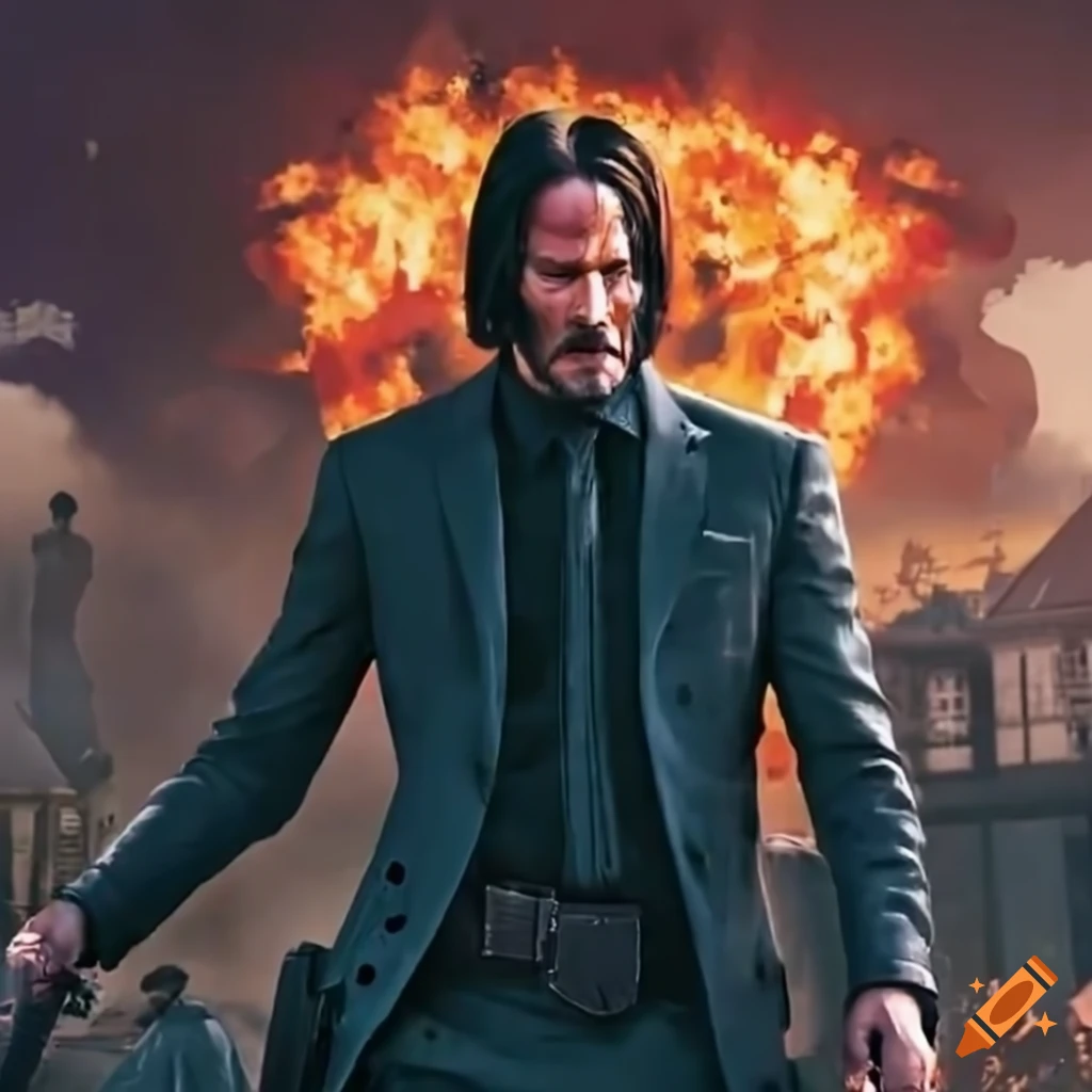 Character in a wild west setting holding a gun with explosion in background
