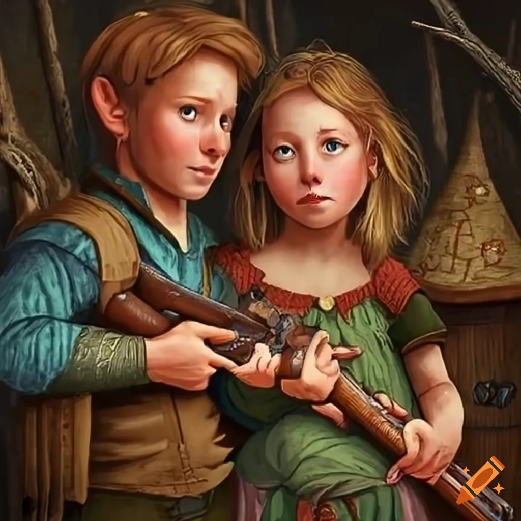Hansel and Gretel with a shotgun and a pistol in the witch's candy house