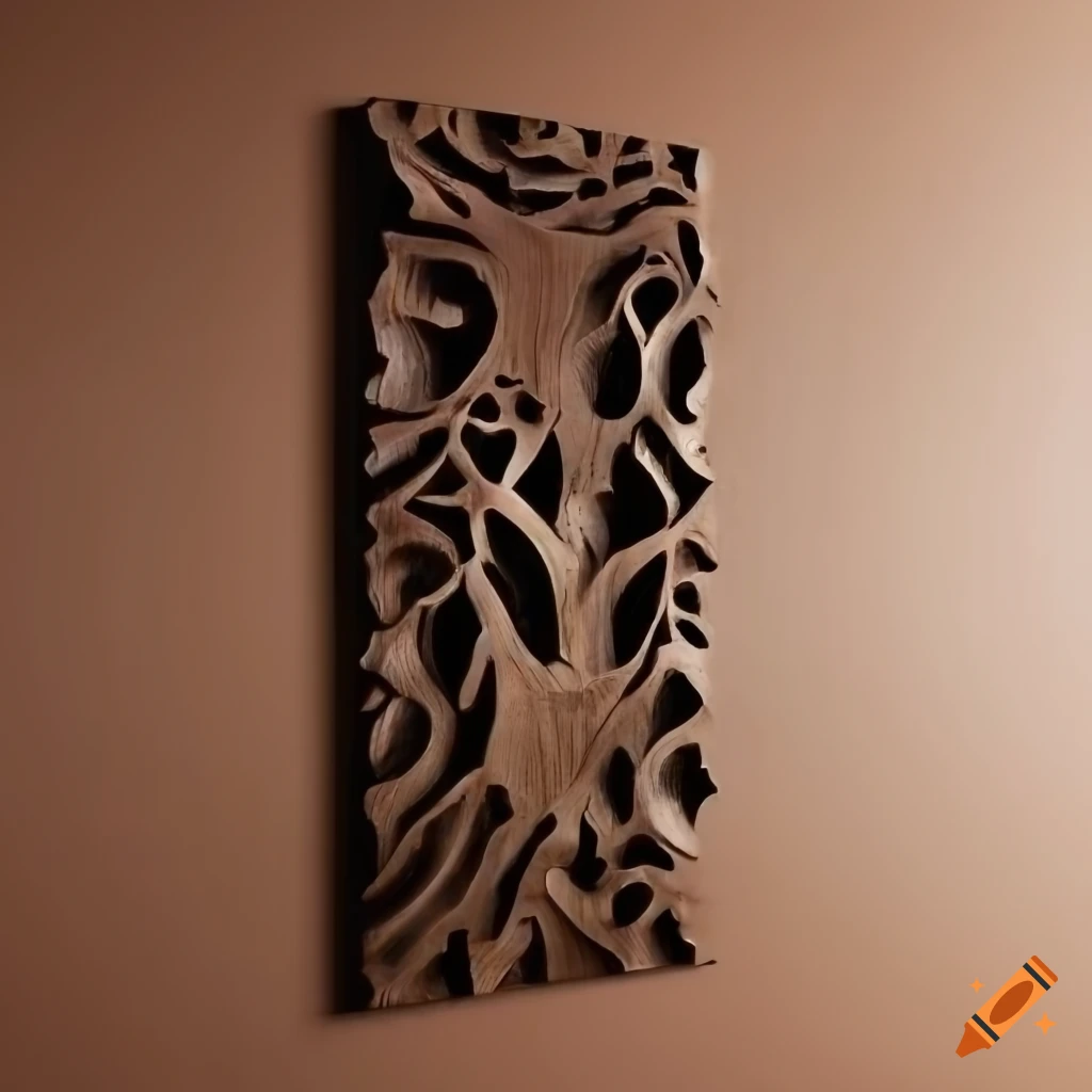 Intricate black walnut wall art with bold carvings and deep lines on ...