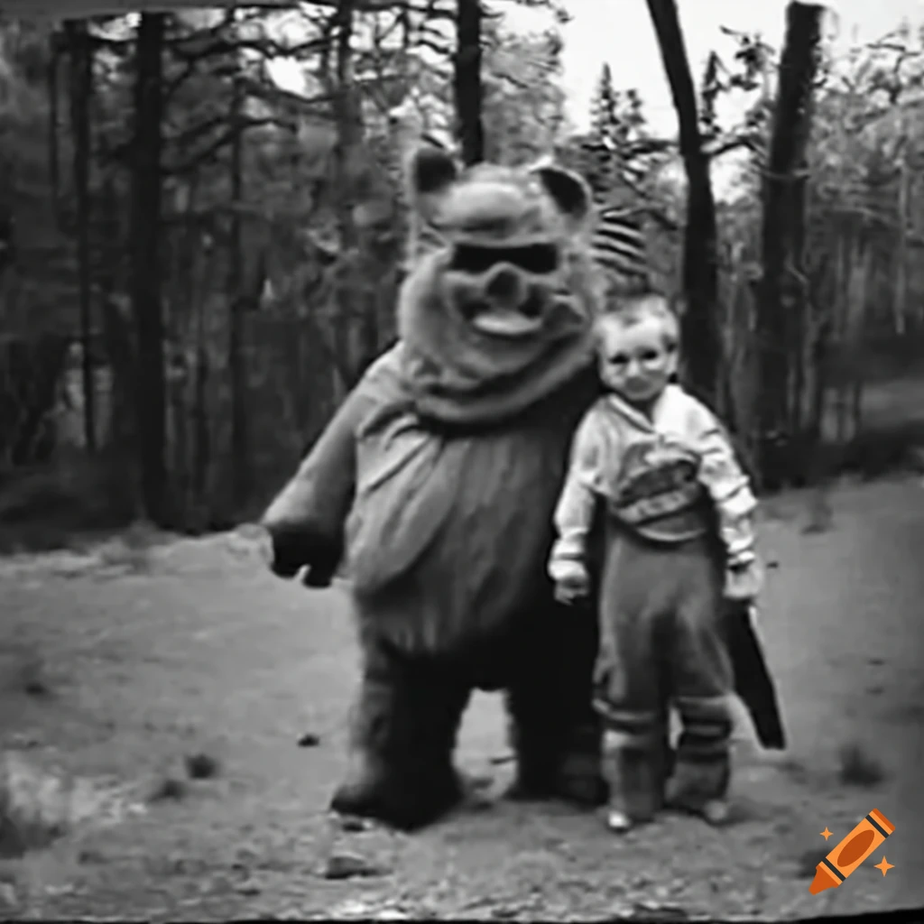 Footage of black and white Ewoks in a family setting