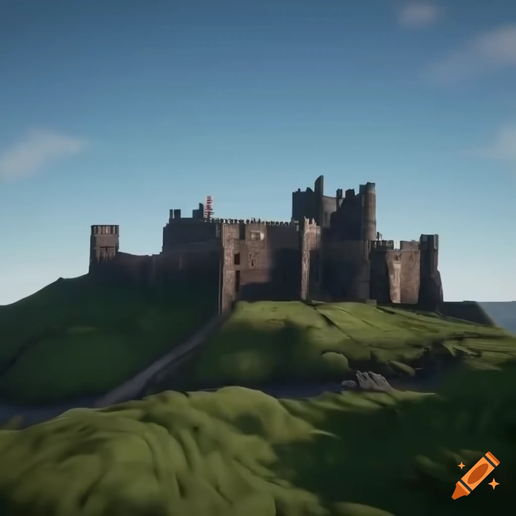 Sci-fi rendition of Bamburgh Castle under a blue sky