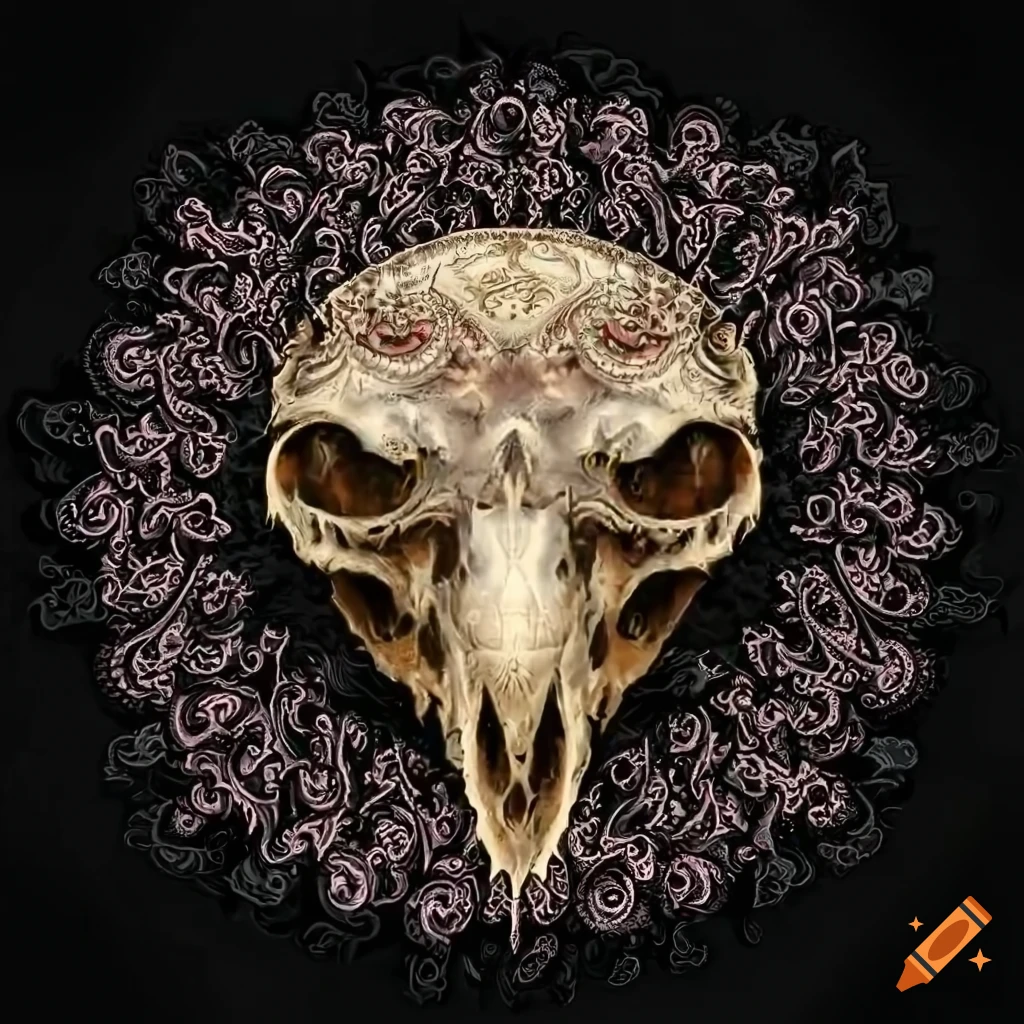 Eagle skull on black background with paisley design