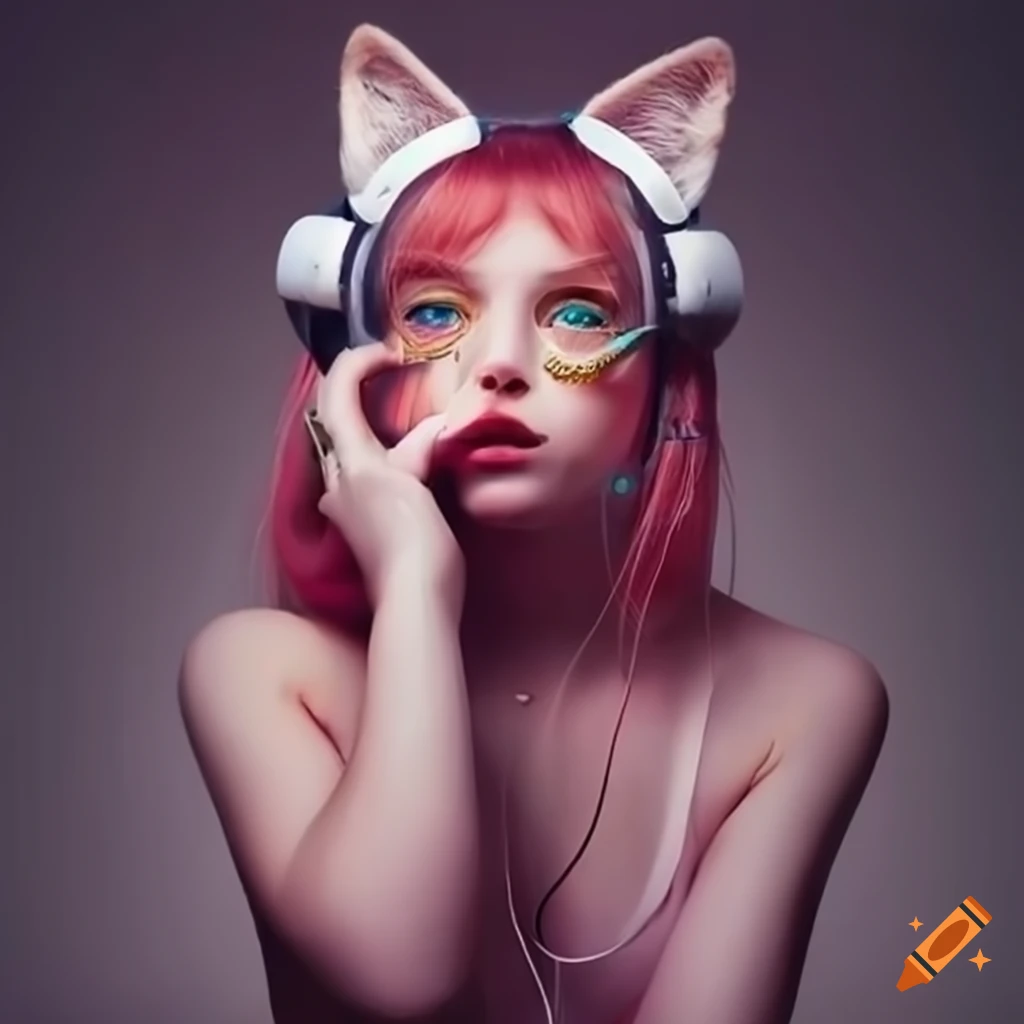Catgirl with electronic animal ear accessories and earphones on Craiyon