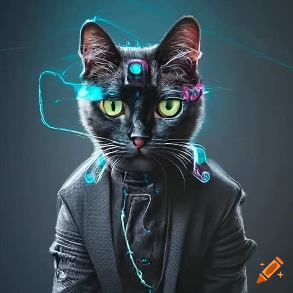 Fascinating scientist with black cat head and cybernetic limbs