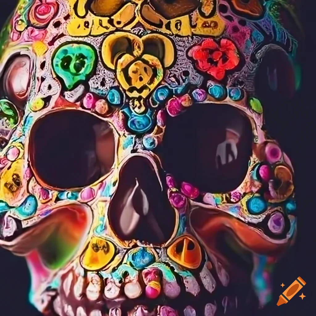 Realistic jelly candy sugar skull with stunning eyes in Chicano art style