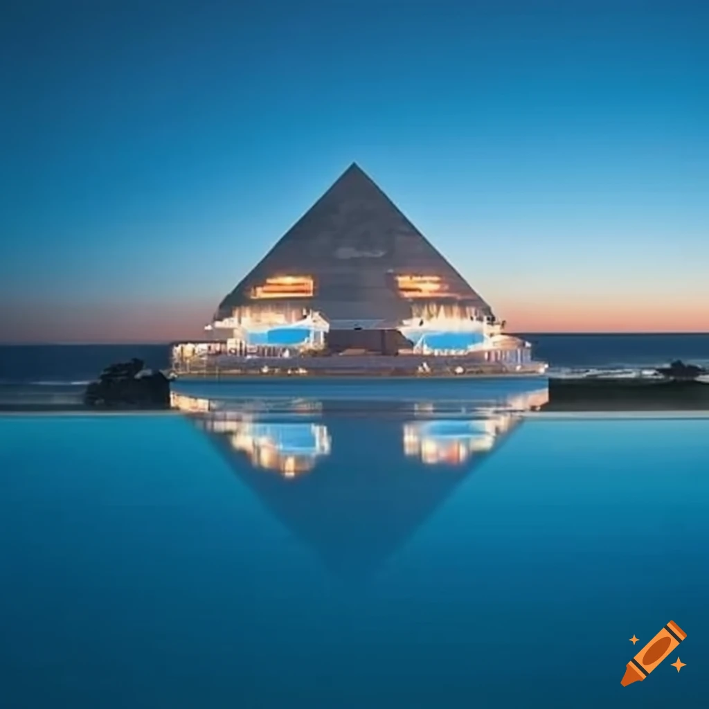 Large hotel by the sea with a pool and pyramid-like structure