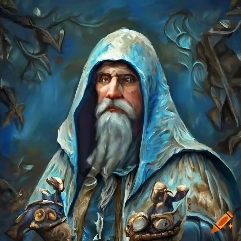 Old grizzled magician in a moonlit lab with bubbling potions in an intricate robe