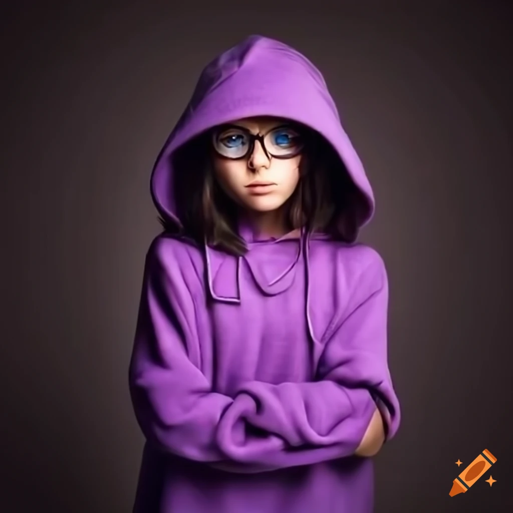 Girl with short brown hair in purple hoodie and black glasses with blue eyes