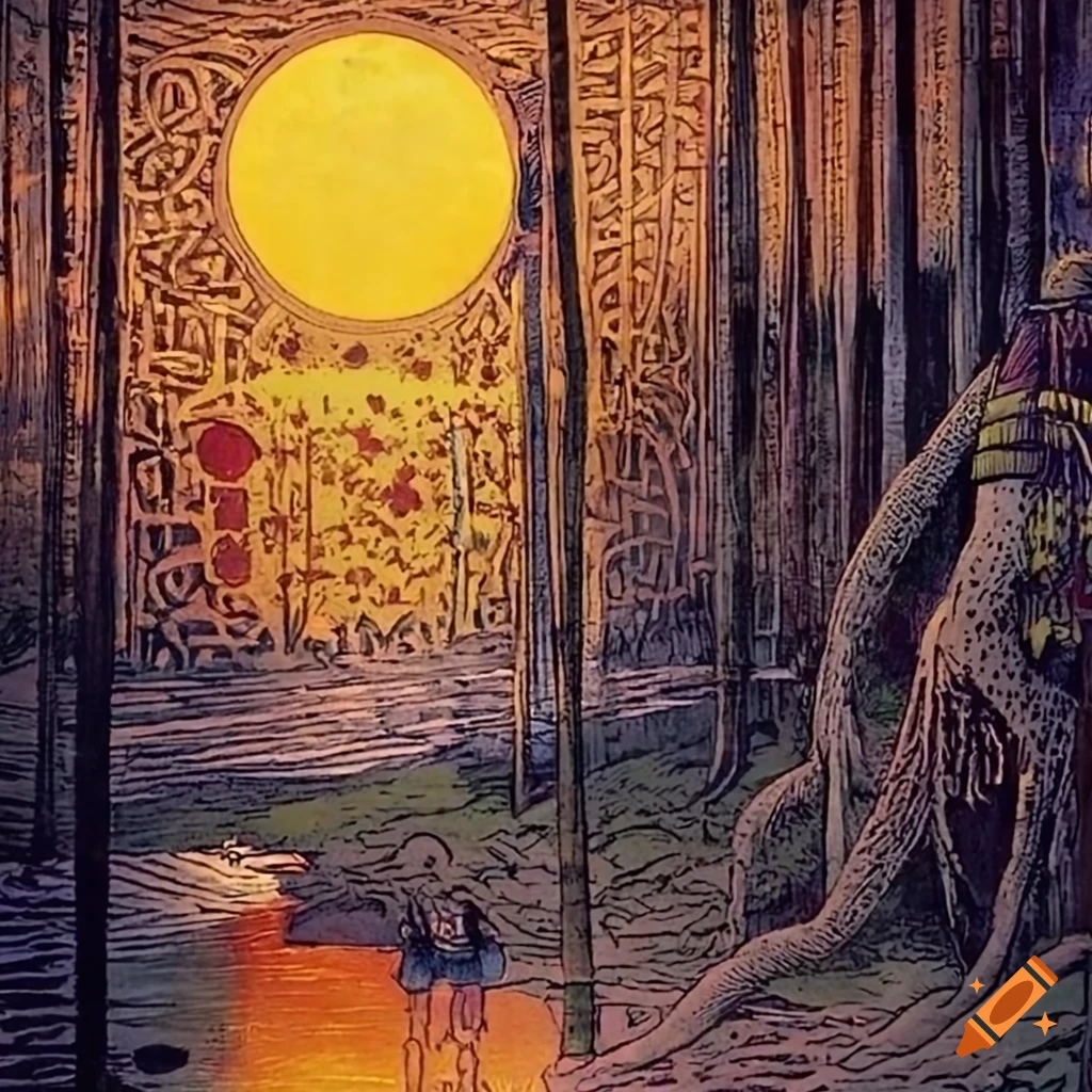 Illustration of Celtic, Japanese, and Viking fusion in the Amazon rainforest during Golden Hour