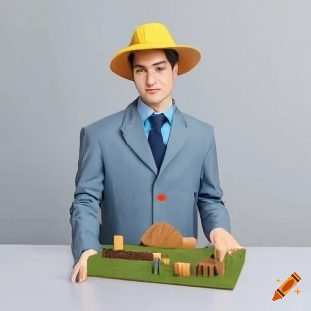 Man in suit with a detailed model of farmers working