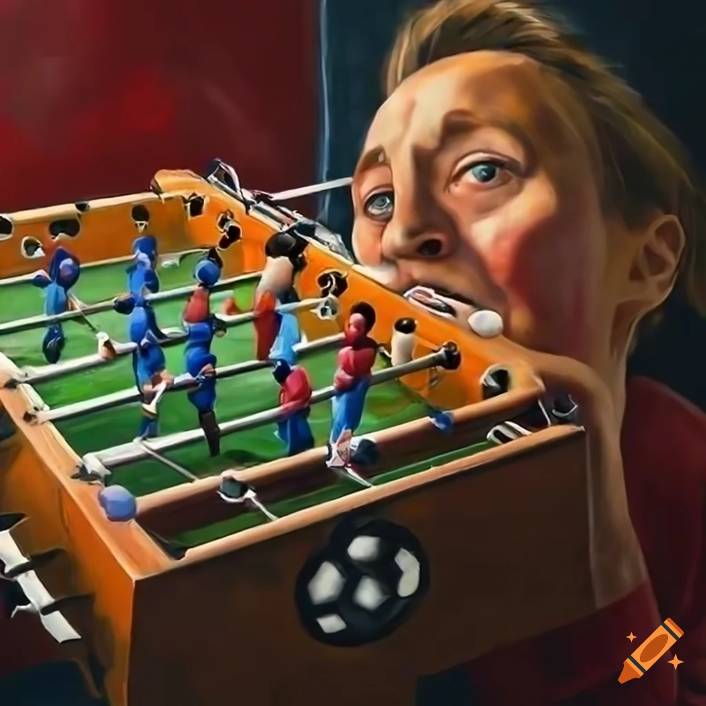 People completing a puzzle and playing table football in a realistic painting