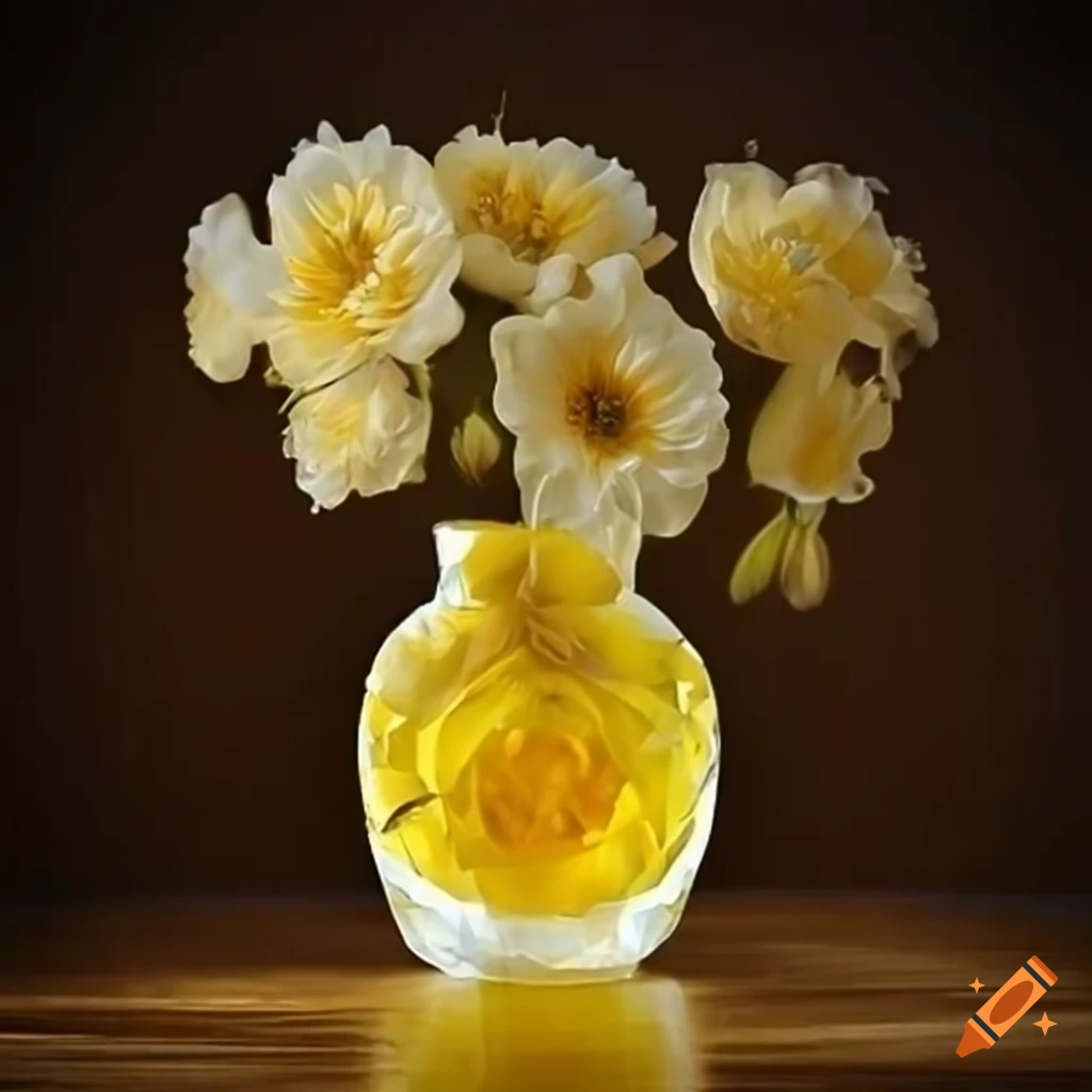 Yellow and white roses in a beautiful glass vase