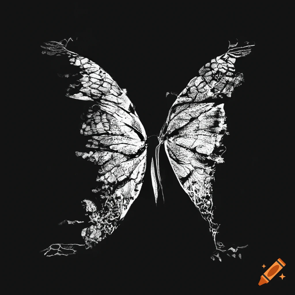 Broken butterfly wings in grunge monochrome style