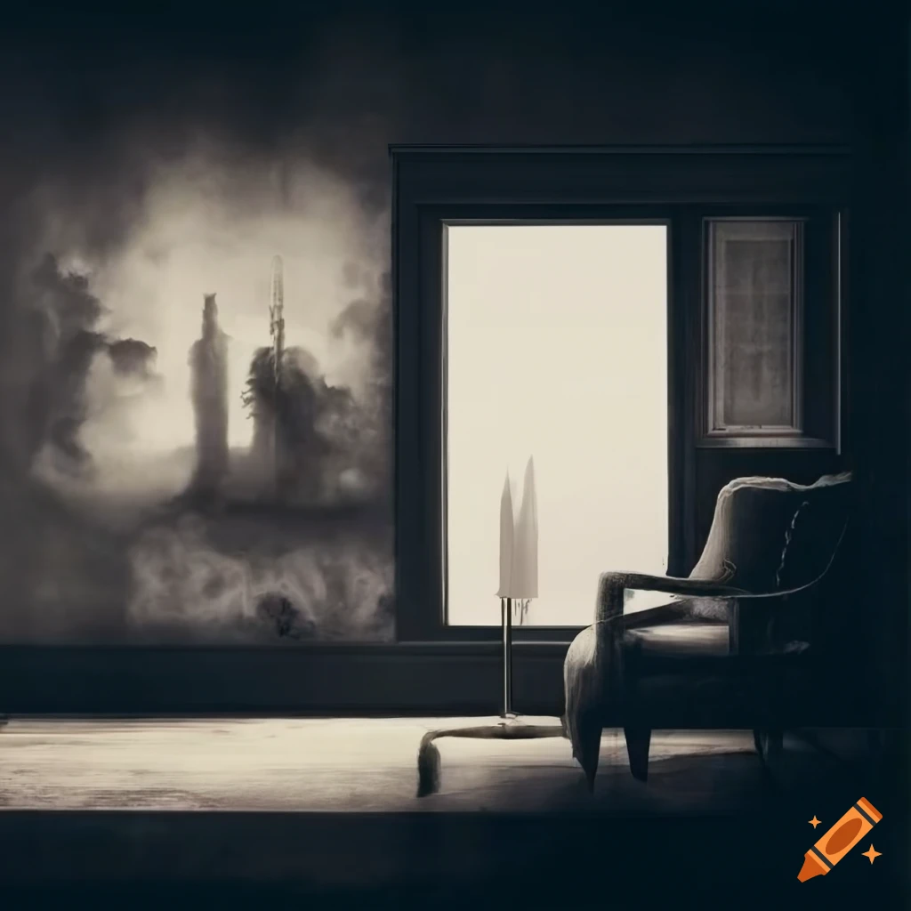 Retro 1950 surrealist graphic art of rooms and windows in sky with strange forms