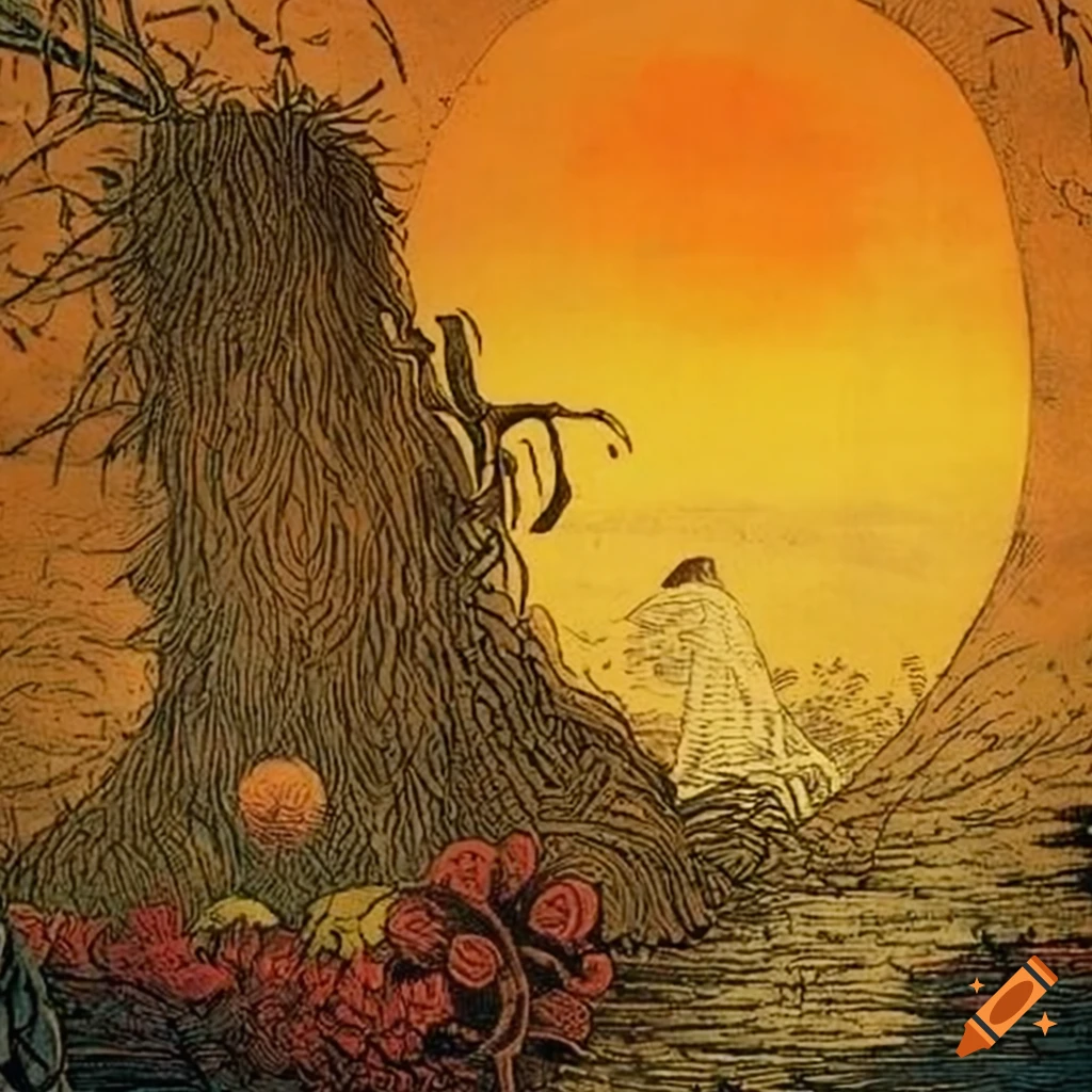 Illustration of Celtic, Japanese, and Viking fusion in the Amazon rainforest during Golden Hour