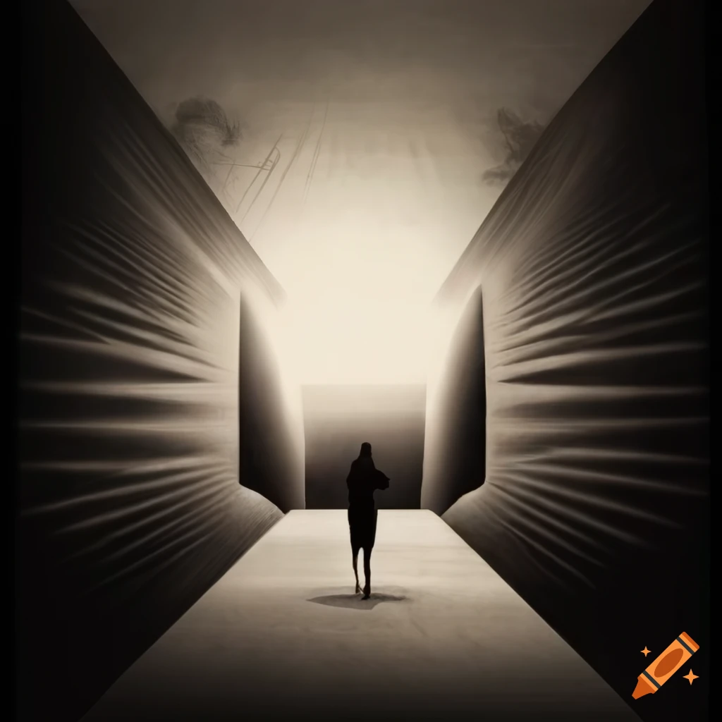 Retro 1950s surrealist art with rooms, windows, and strange forms in black and white