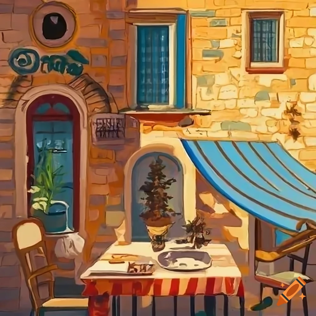 Sunny Italian coffee shop with a cartoon pine cone on a cobblestone street