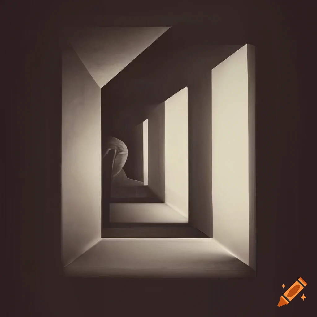 Retro 1950s surrealist graphic art with rooms, windows, and strange forms
