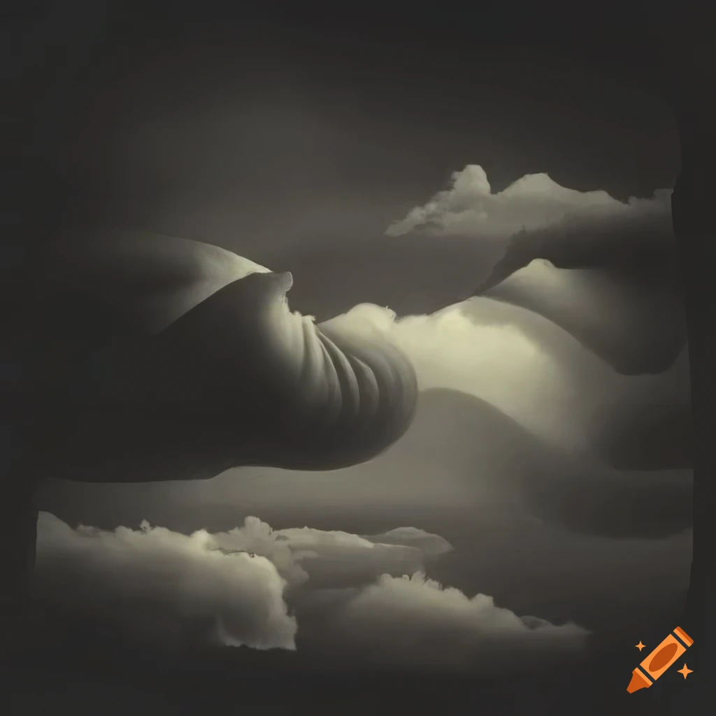 Retro 1950 surrealist graphic art of rooms and windows in sky with strange forms