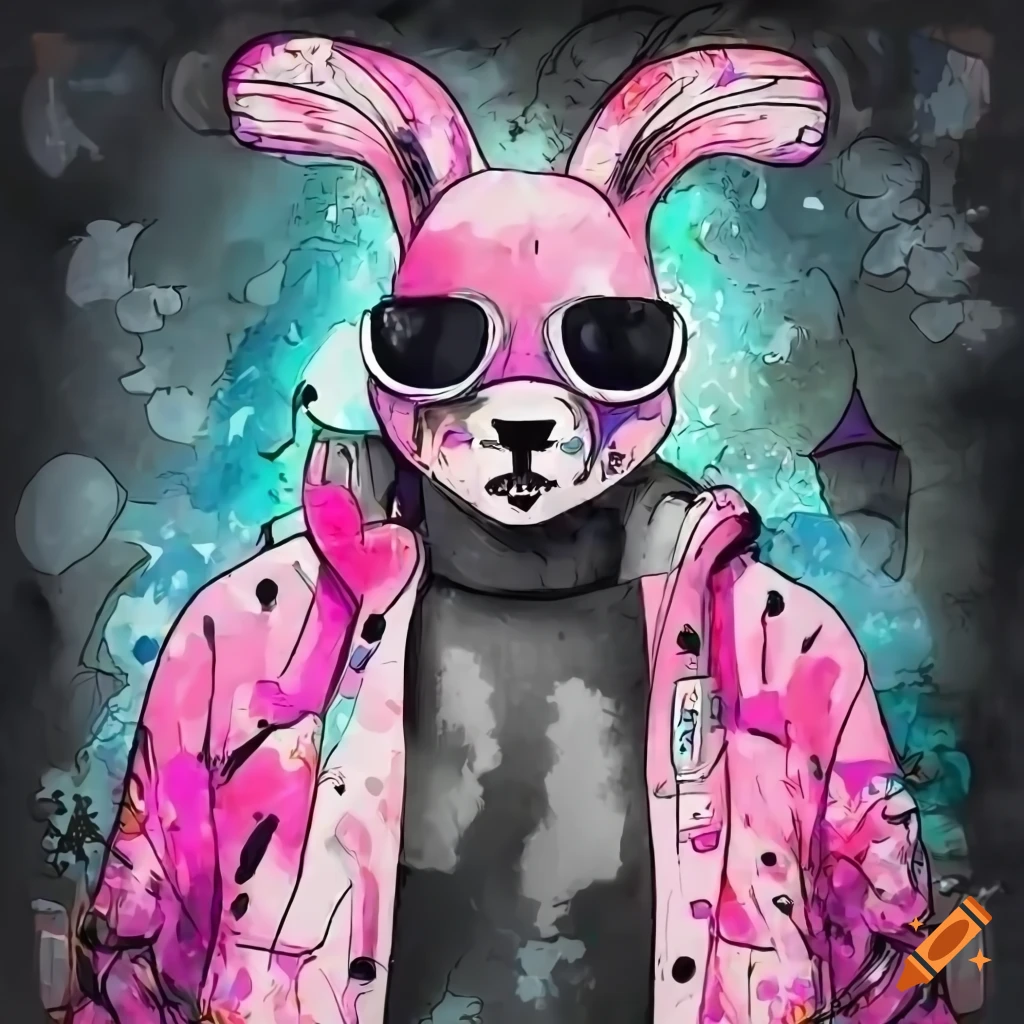 Cartoon cyberpunk bunny in a pink jacket with gadgets in a cyberpunk city