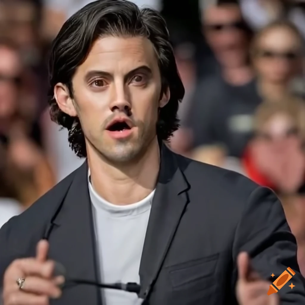 Milo Ventimiglia speaking at a public rally