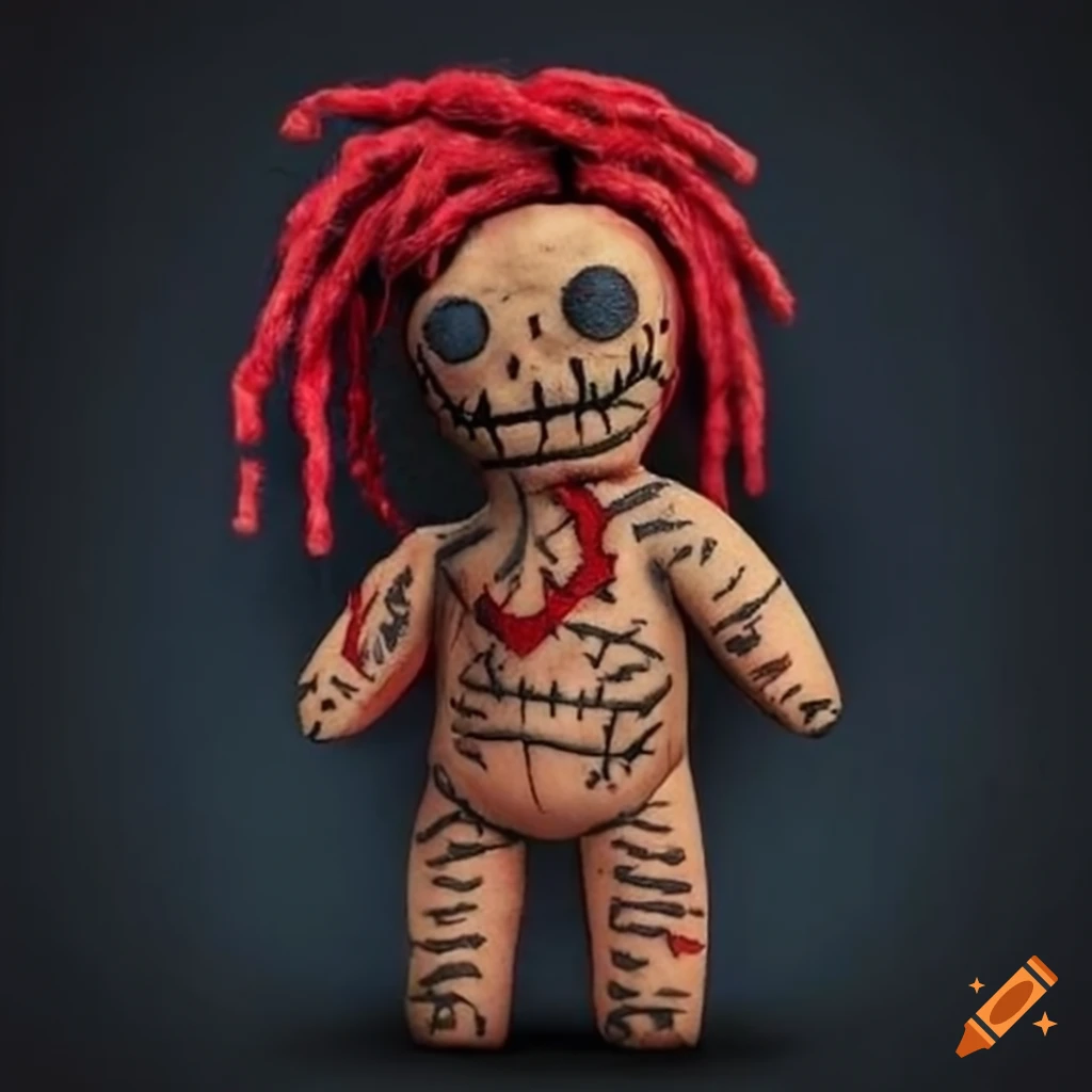Horror voodoo doll with red dreadlocks and tattoos