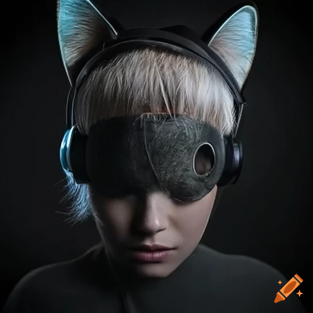 Person wearing futuristic cat ears listening to music