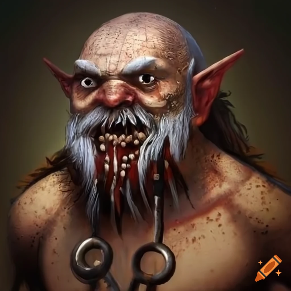 Furious dwarf from a cannibal tribe with white hair and steel ring on nose