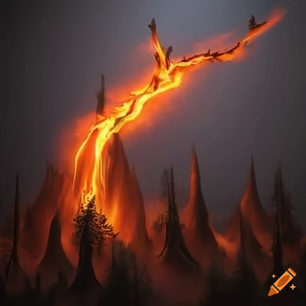 Forest of fire with tree-shaped flames in HD photorealistic view on Craiyon