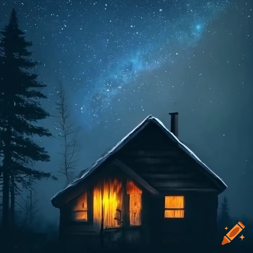 Mountain house glowing with fireflies under a starry night sky on Craiyon