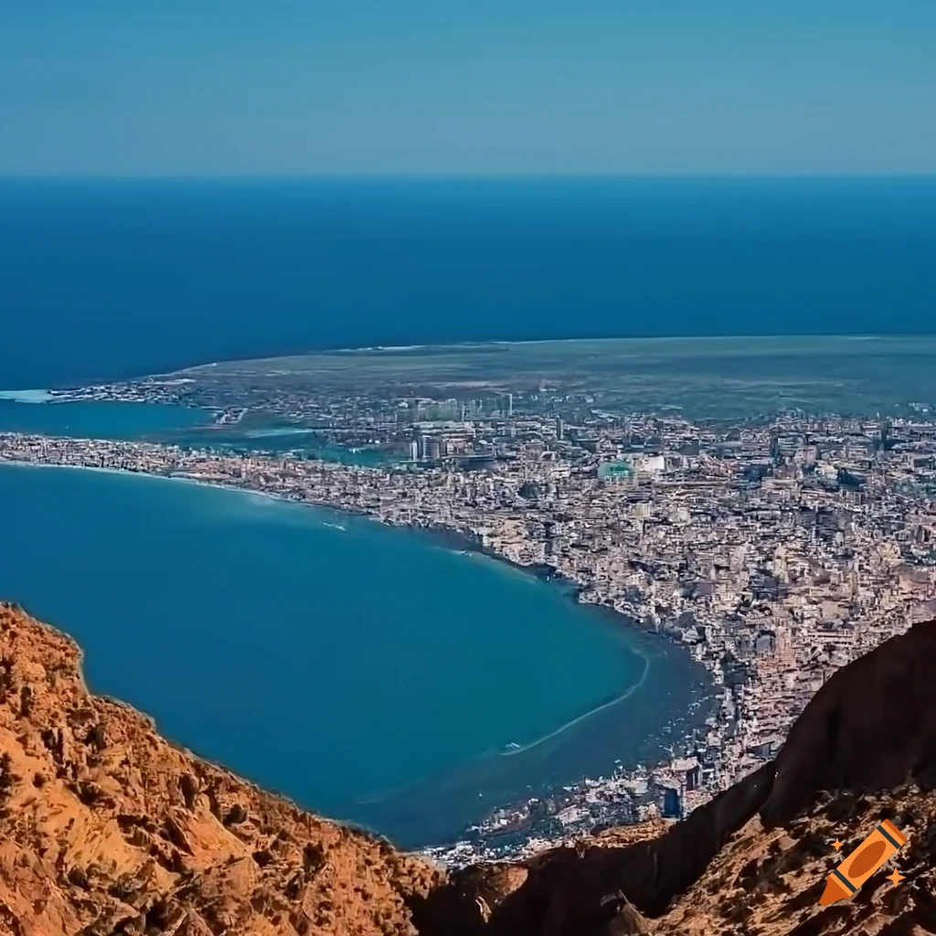 Aerial view of a mountain city overlooking the Mediterranean sea in North Africa with skyscrapers