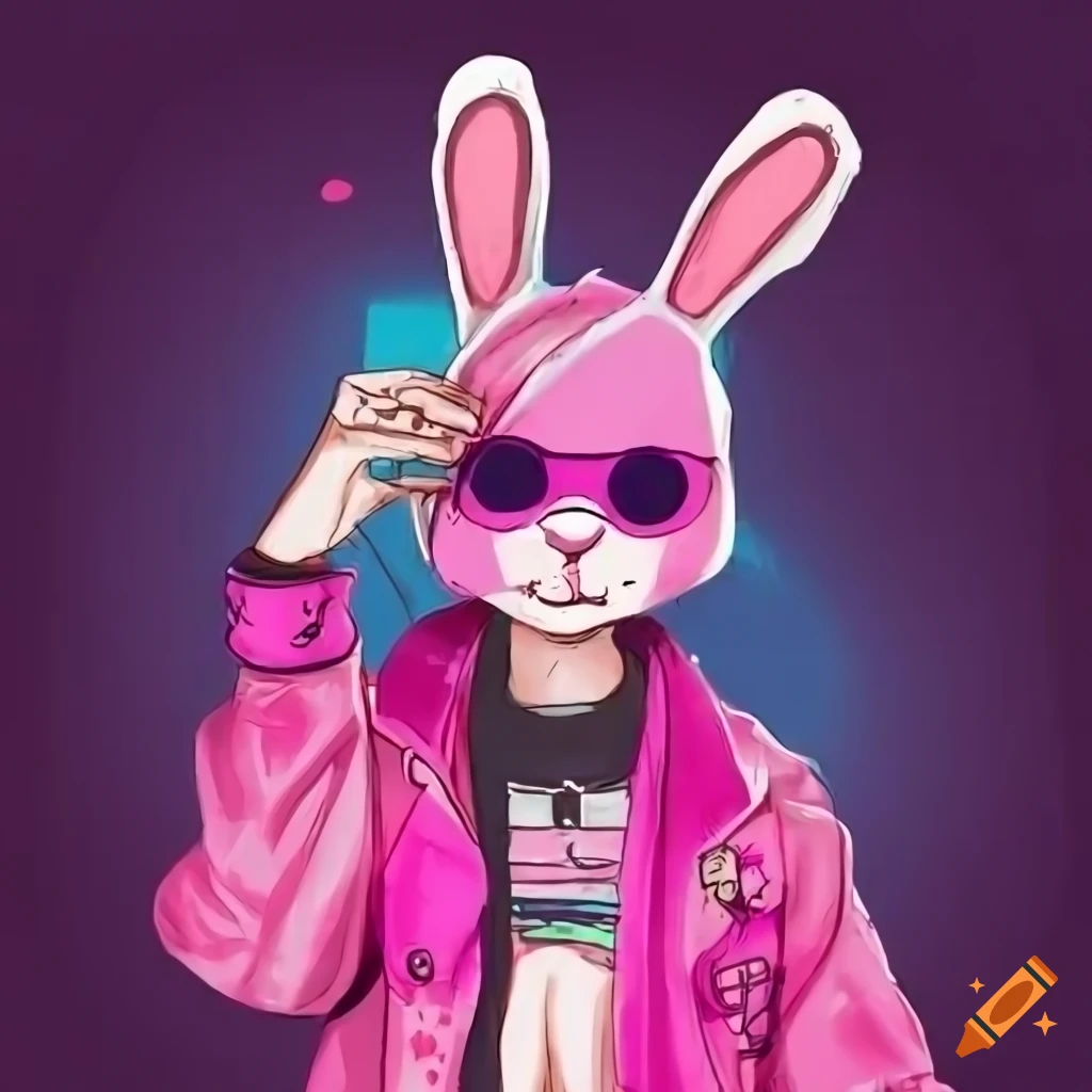Cartoon cyberpunk bunny with gadgets in a pink jacket against a cyberpunk city backdrop