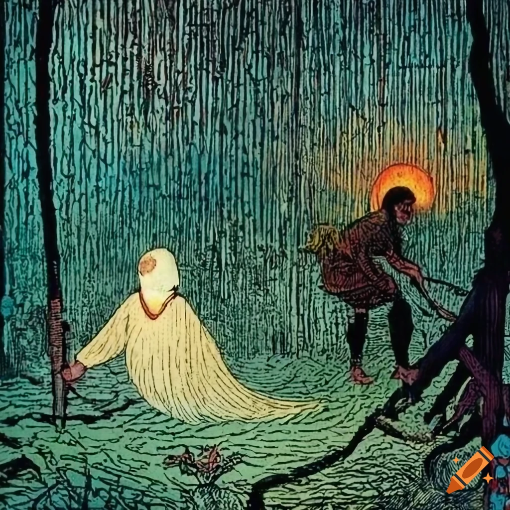 Illustration of Celtic, Japanese, and Viking fusion in the Amazon rainforest during Golden Hour