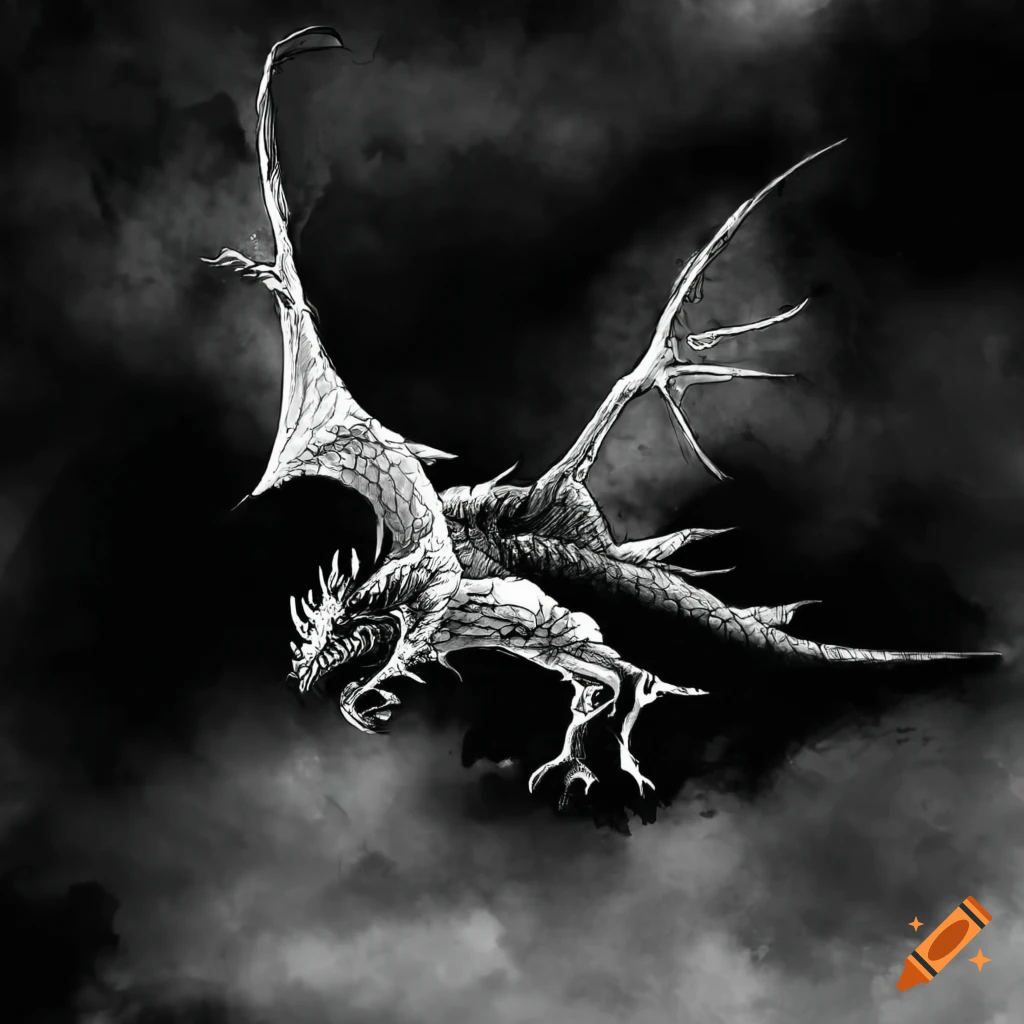 Black and white drawing of a dragon flying in a dark sky on Craiyon