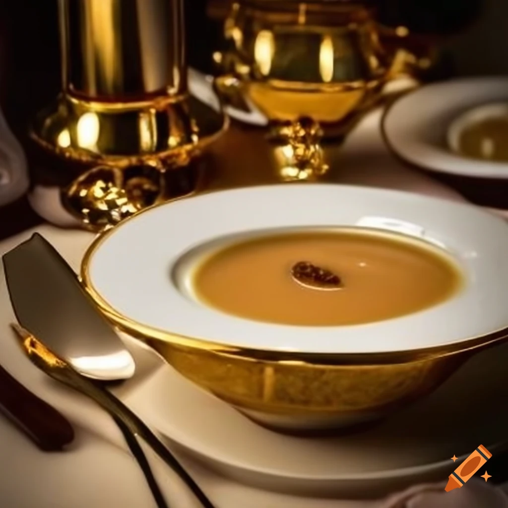 Elegantly served cream soup in a gold-rimmed bowl for an exclusive dinner party