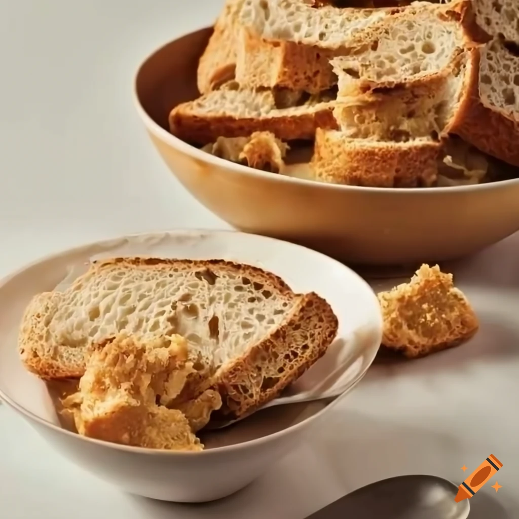 Bowl of bread slices topped with bread crumbs and olive oil