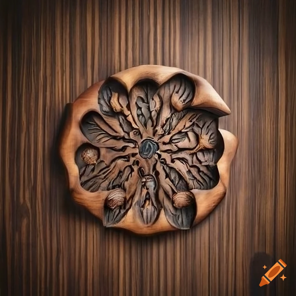 Black walnut wall art with distressed finish and unique carvings on Craiyon
