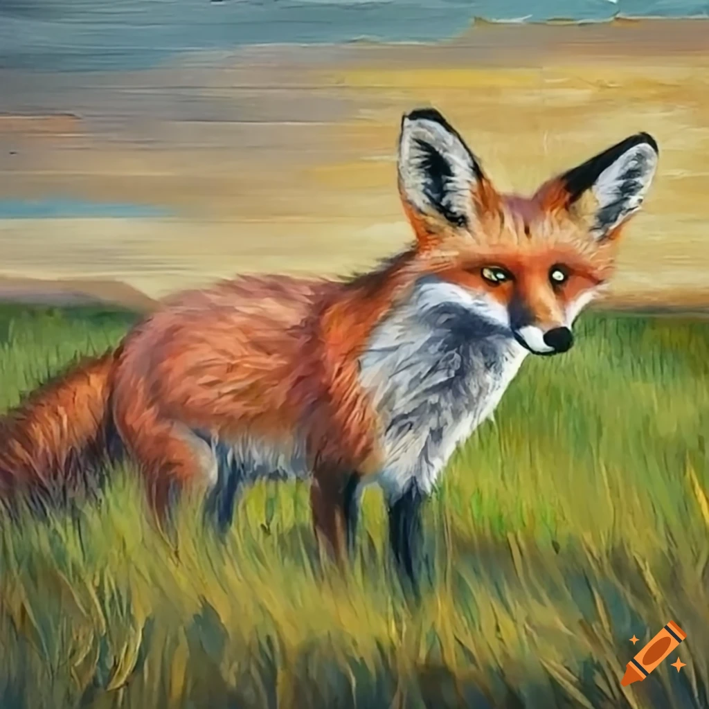 Biological illustration of a San Joaquin Kit Fox in a grassy savannah landscape