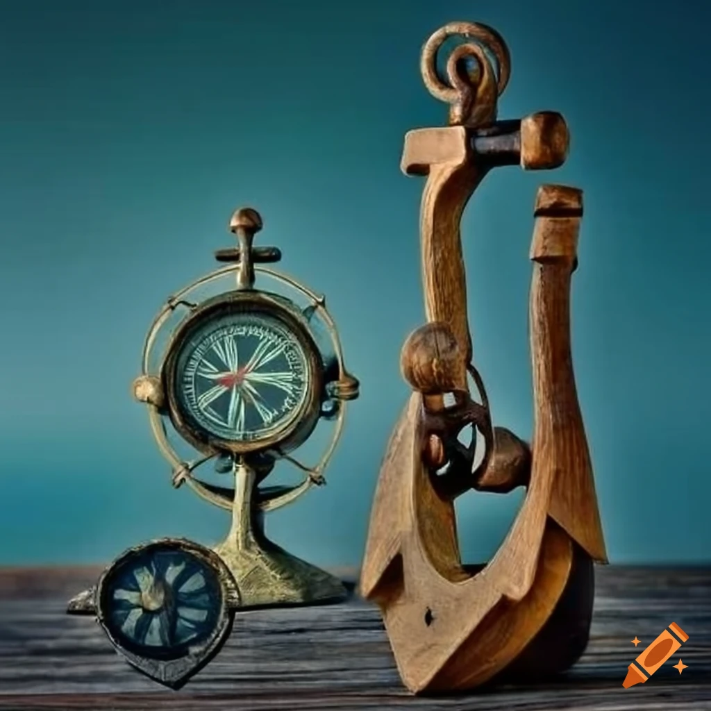 Collection of antique compasses on a wooden anchor in blue waters