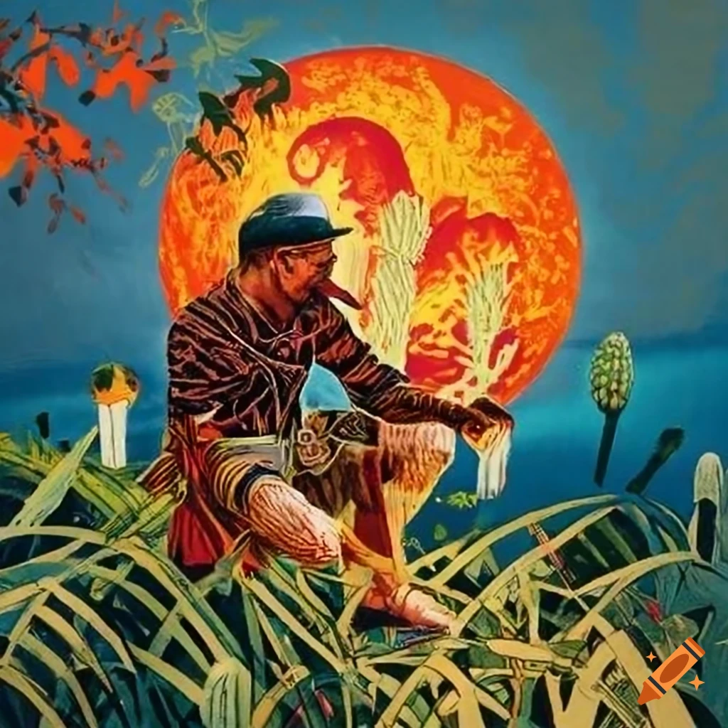 Fusion of Celtic, Japanese, and Viking cultures in the Amazon rainforest at sunrise