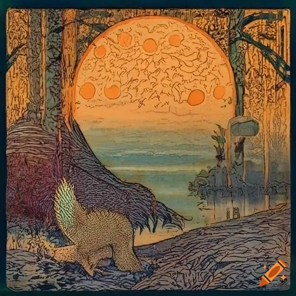Illustration of Celtic, Japanese, and Viking fusion in the Amazon rainforest during Golden Hour