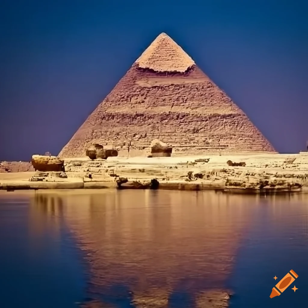 Egyptian pyramids surrounded by water with a dock