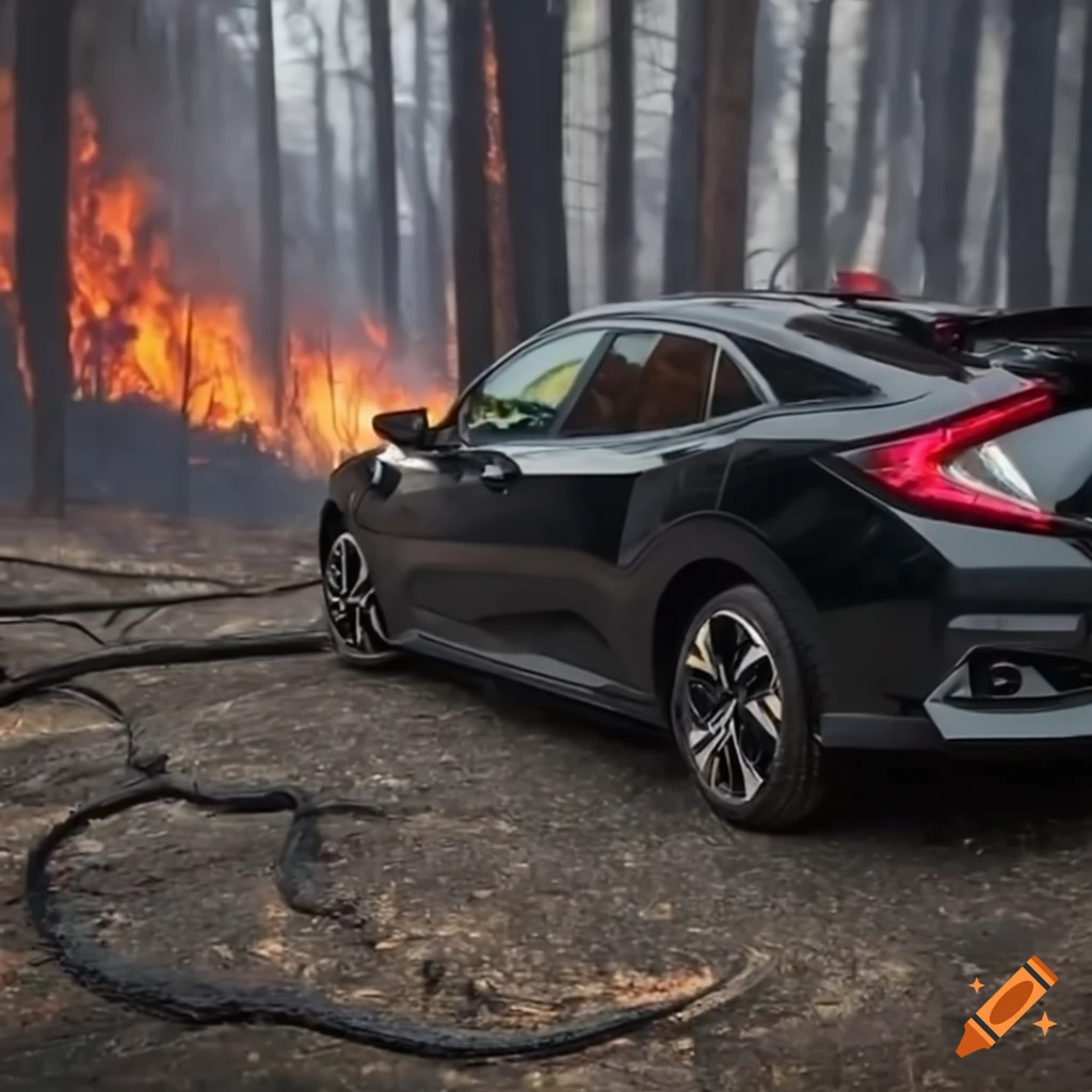 Honda Civic Turbo 2016 standing strong in a forest wildfire