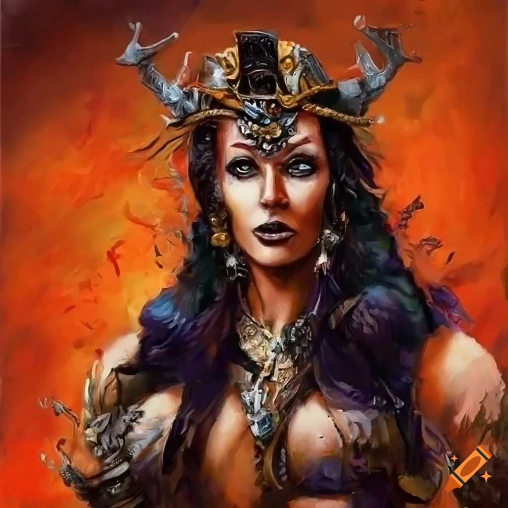 Curvy queen with fine jewelry and fur in a fantasy temple painting on