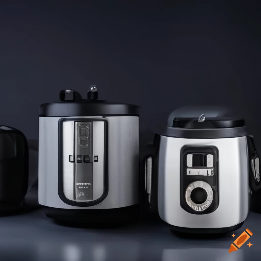 Instant Pot and Air Fryer on black background with an empty plate