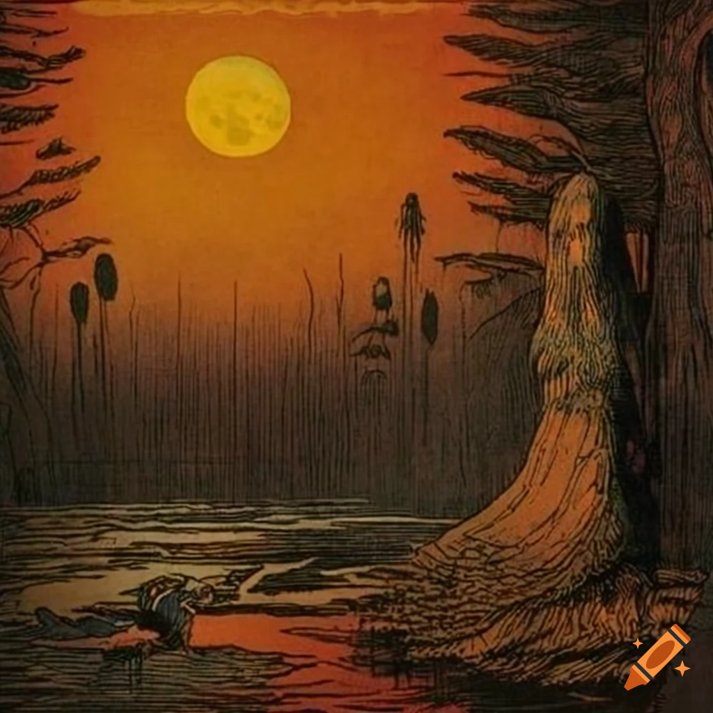 Illustration of Celtic, Japanese, and Viking fusion in the Amazon rainforest during Golden Hour